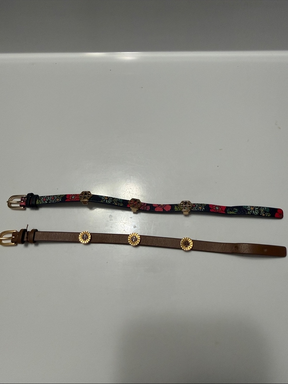 TWO Tory Burch blue floral and Brown Leather Women's bracelets